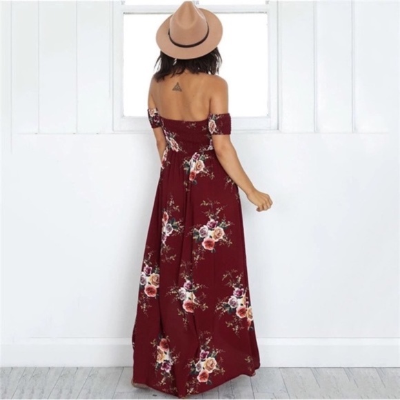 Off Shoulder Floral Split Chiffon Maxi dress - Picture 3 of 5